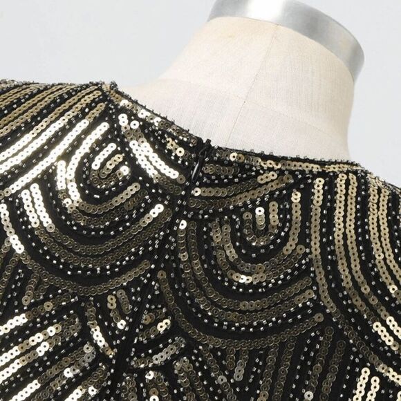 ✨ Flapper Great Gatsby Roaring 1920s Retro Tassel Fringe Gold Sequin Dress M NEW - Picture 10 of 17